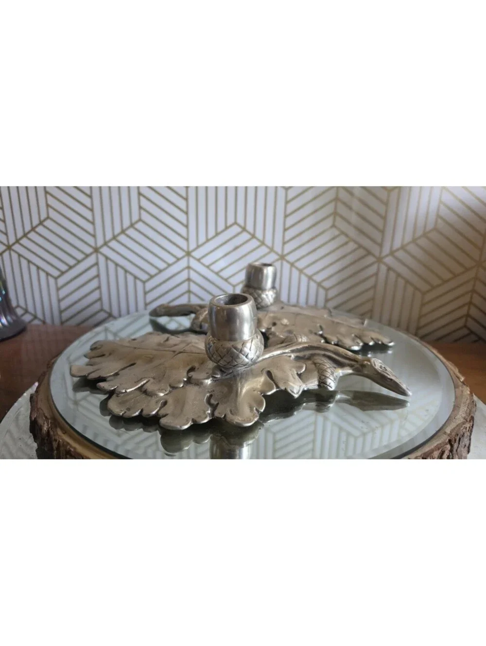 Vintage Aluminum Pair Bruce Fox Design Acorn Oak Leaf Candlestick Holders Signed